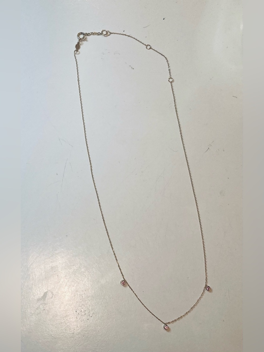 14k Gold Floating Pink Sapphire Stationary Trio Necklace - Picture 3 of 4